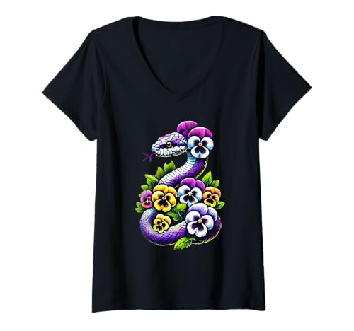 Damen Pansies Snake Pansy Flower Gardening Floral T-Shirt mit V-Ausschnitt von Pansy Snakes Lover Flower Gardening Apparel