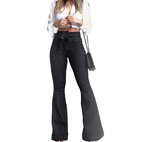 Pantete Damen Jeans mit hoher Taille, Glockenunterteil, Denim, hohe Taille, ausgestellte Jeanshose mit weitem Bein und Gürtel - Schwarz - XX-Large von Pantete
