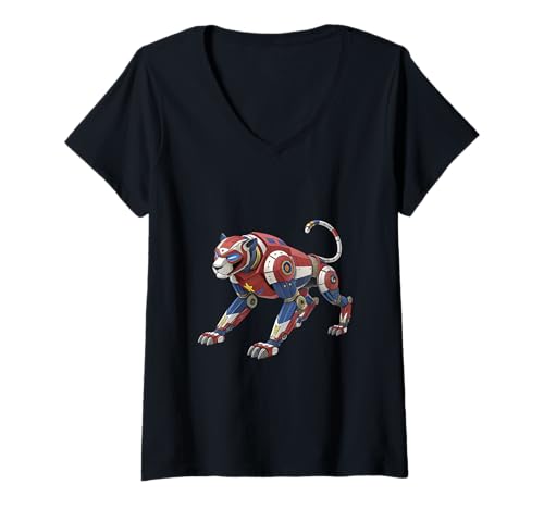 Damen Futuristisches Roboter-Panther-Mech-Design T-Shirt mit V-Ausschnitt Damen Futuristisches Roboter-Panther-Mech-Design T-Shirt mit V-Ausschnitt von Panther Pulse Studio