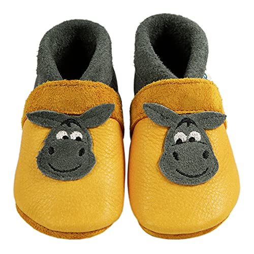 Pantolinos Esel Krabbelschuhe aus Ökoleder Made in Germany Lauflernschuhe als Geschenk für Jungen & Mädchen Babyschuhe aus Leder weiche Lederpuschen Schlupfschuhe Hausschuhe Senfgelb Gr.23 von Pantolinos