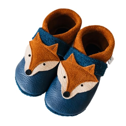 Pantolinos Fuchs Krabbelschuhe aus Ökoleder Made in Germany Lauflernschuhe als Geschenk für Jungen & Mädchen Babyschuhe aus Leder weiche Lederpuschen Schlupfschuhe Hausschuhe Blau Gr.18/19 von Pantolinos