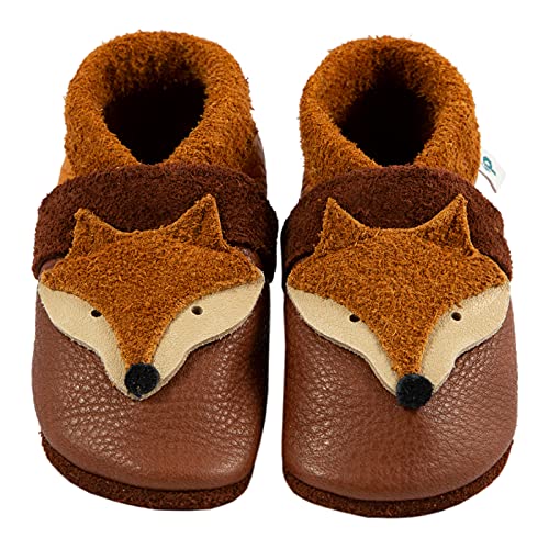 Pantolinos Fuchs Krabbelschuhe aus Ökoleder Made in Germany Lauflernschuhe als Geschenk für Jungen & Mädchen Babyschuhe aus Leder weiche Lederpuschen Schlupfschuhe Hausschuhe Braun Gr.23 von Pantolinos