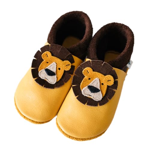 Pantolinos Löwe Krabbelschuhe aus Ökoleder Made in Germany Lauflernschuhe als Geschenk für Jungen & Mädchen Babyschuhe aus Leder weiche Lederpuschen Schlupfschuhe Hausschuhe Gelb Gr.18/19 von Pantolinos