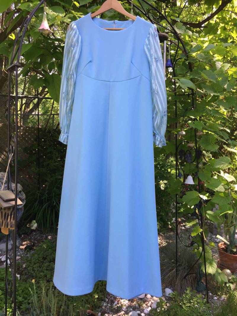 Vintage Maxi Kleid Blau Polyester 1960-1970 Transparente Ärmel Mit Gesäßtasche von PantryandPetticoats