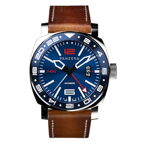 Panzera Aquamarine 45G Mechanische Automatikuhr Stahl Blau Braun Datum Leder Saphir GMT Herrenuhr von Panzera