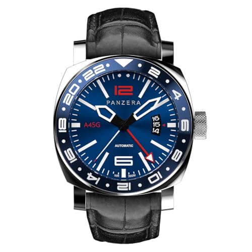 Panzera Aquamarine 45G Mechanische Automatikuhr Stahl Blau Schwarz Datum Leder Saphir GMT Herrenuhr von Panzera