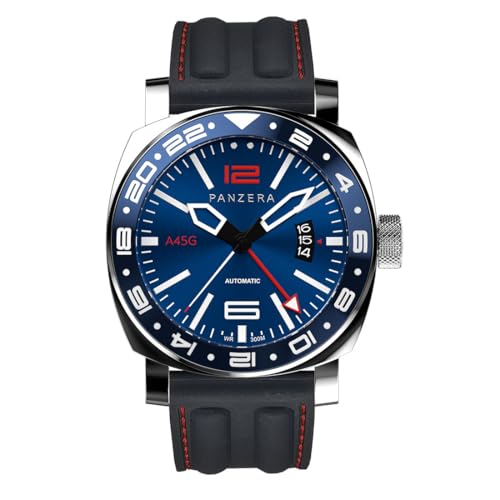 Panzera Aquamarine 45G Mechanische Automatikuhr Stahl Blau Schwarz Saphir Datum Silikon GMT Herrenuhr von Panzera