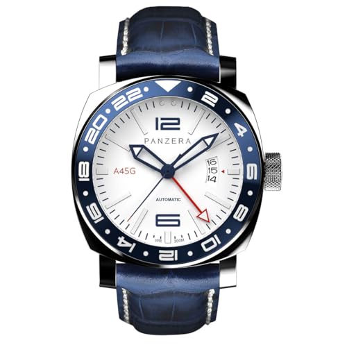 Panzera Aquamarine 45G Mechanische Automatikuhr Stahl Blau Weiß Datum Leder Saphir GMT Herrenuhr von Panzera