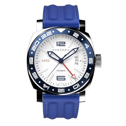 Panzera Aquamarine 45G Mechanische Automatikuhr Stahl Blau Weiß Saphir Datum Silikon GMT Herrenuhr von Panzera