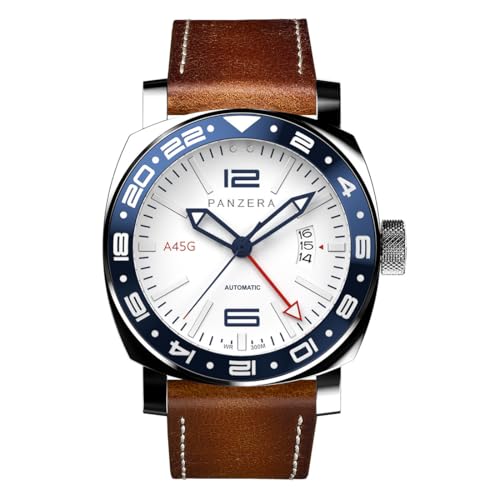 Panzera Aquamarine 45G Mechanische Automatikuhr Stahl Braun Weiß Saphir Datum Silikon GMT Herrenuhr von Panzera