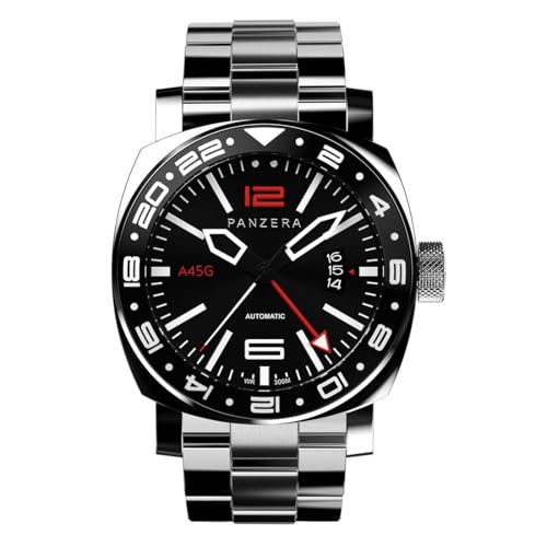 Panzera Aquamarine 45G Mechanische Automatikuhr Stahl Schwarz Saphir Datum GMT Herrenuhr von Panzera