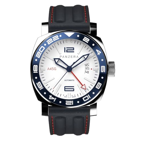 Panzera Aquamarine 45G Mechanische Automatikuhr Stahl Schwarz Weiß Saphir Datum Silikon GMT Herrenuhr von Panzera