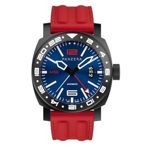 Panzera Aquamarine 45G mechanische Automatik Stahl PVD Rot Schwarz Saphir Datum Silikon GMT Herrenuhr von Panzera