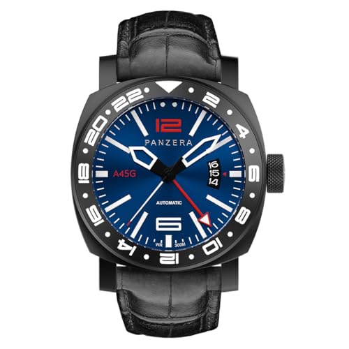 Panzera Aquamarine 45G mechanische Automatik Stahl PVD Schwarz Leder Saphir Datum Silikon GMT Herrenuhr von Panzera