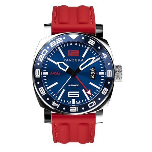 Panzera Aquamarine 45G mechanische Automatikuhr Stahl Rot Schwarz Saphir Datum Silikon GMT Herrenuhr von Panzera