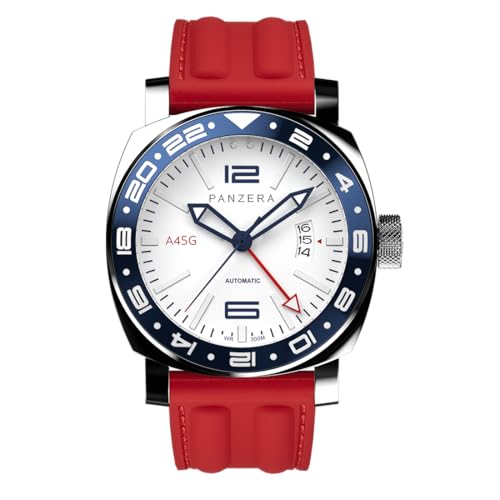 Panzera Aquamarine 45G mechanische Automatikuhr Stahl Rot Weiß Saphir Datum Silikon GMT Herrenuhr von Panzera
