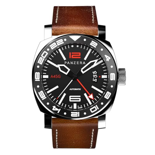 Panzera Aquamarine 45G mechanische Automatikuhr Stahl Schwarz Braun Datum Leder Saphir GMT Herrenuhr von Panzera