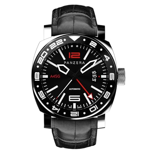Panzera Aquamarine 45G mechanische Automatikuhr Stahl Schwarz Datum Leder Saphir GMT Herrenuhr von Panzera