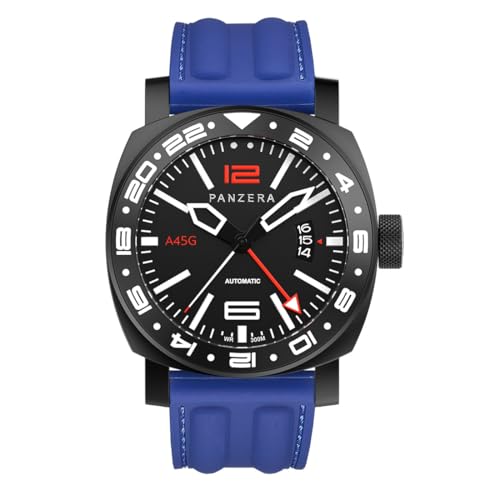 Panzera Aquamarine 45G mechanische Automatikuhr Stahl Schwarz PVD Blau Datum Leder Saphir GMT Herrenuhr von Panzera