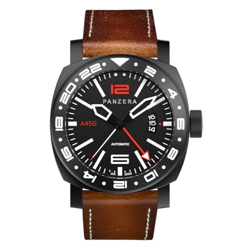 Panzera Aquamarine 45G mechanische Automatikuhr Stahl Schwarz PVD Braun Datum Leder Saphir GMT Herrenuhr von Panzera