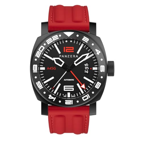 Panzera Aquamarine 45G mechanische Automatikuhr Stahl Schwarz PVD Rot Datum Leder Saphir GMT Herrenuhr von Panzera