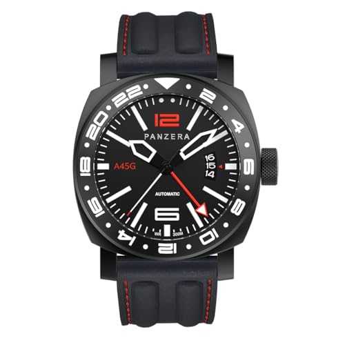 Panzera Aquamarine 45G mechanische Automatikuhr Stahl schwarz PVD Datum Silikon Saphir GMT Herrenuhr von Panzera