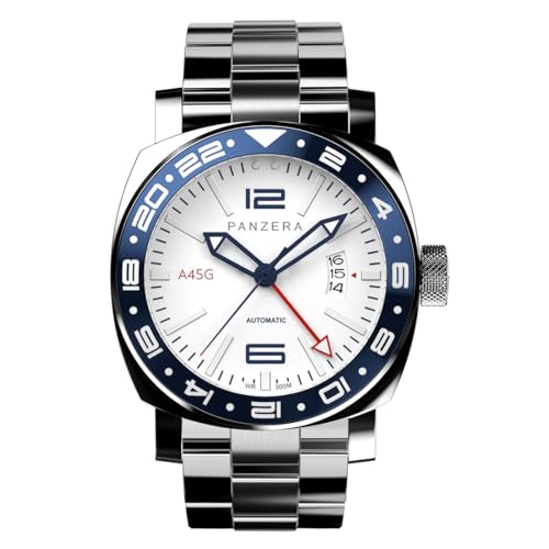Panzera Aquamarine 45G mechanische Automatikuhr aus weißem Stahl Datum Saphir GMT Herrenuhr von Panzera