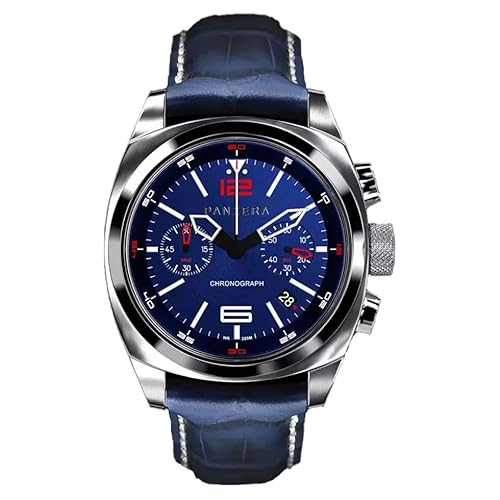 Panzera Aquamarine Quarz Chronograph Stahl Blau Datum Leder Saphir Uhr Herren, Gurt von Panzera