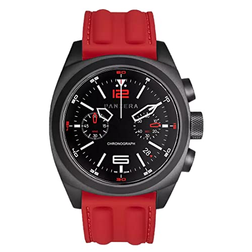Panzera Aquamarine Quarz Chronograph Stahl Schwarz Datum Silikon Rot Saphir Herrenuhr, Armband von Panzera