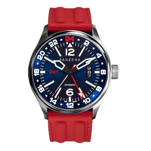 Panzera Flieger 45G Mechanische Automatikuhr Stahl Blau Rot Silikon Saphir Datum Herrenuhr, Schwarz , Armband von Panzera