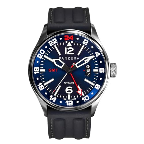 Panzera Flieger 45G Mechanische Automatikuhr Stahl Blau Schwarz Silikon Saphir Datum Herrenuhr, Schwarz , Armband von Panzera