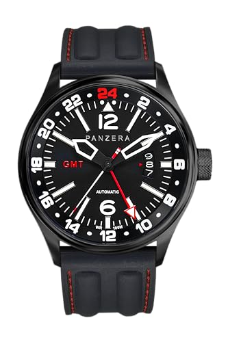 Panzera Flieger 45G Mechanische Automatikuhr Stahl Schwarz Saphir Silikon Datum Herrenuhr, Schwarz , Armband von Panzera