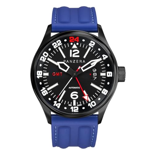 Panzera Flieger 45G Mechanische Automatikuhr Stahl Schwarz Silikon Saphirblau Datum Herrenuhr, rot, Armband von Panzera