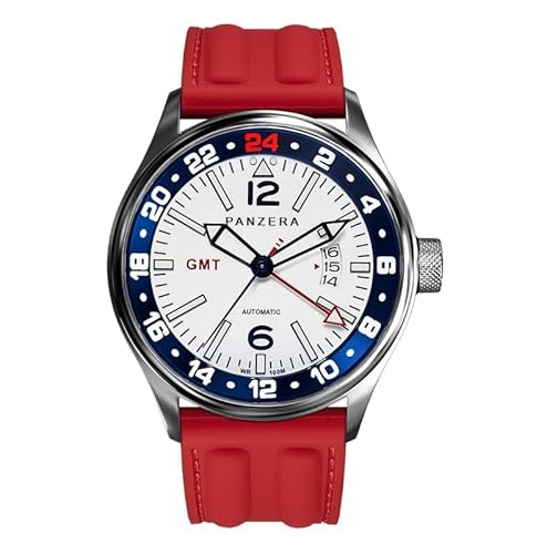 Panzera Flieger 45G Mechanische Automatikuhr Stahl Weiß Rot Silikon Saphir Datum Herrenuhr, rot von Panzera