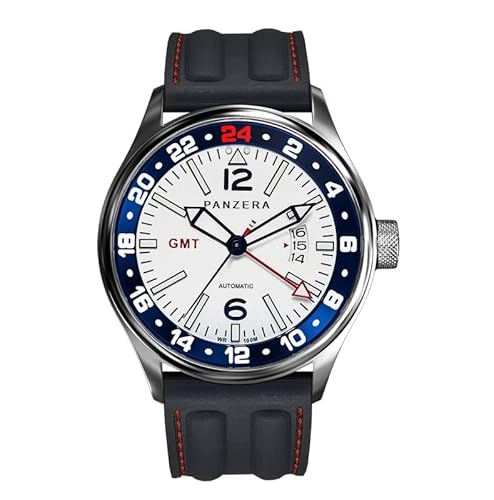 Panzera Flieger 45G Mechanische Automatikuhr Stahl Weiß Silikon Saphir Datum Herrenuhr, Schwarz , Armband von Panzera