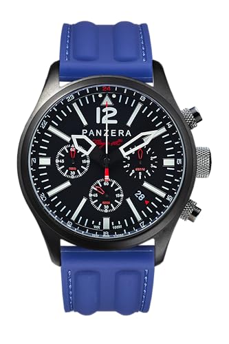 Panzera Flieger 46 Chronograph Quarz Stahl IP Schwarz Silikon Pilot Blau Datum Herren Uhr von Panzera