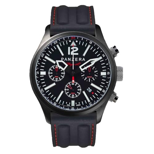 Panzera Flieger 46 Chronograph Automatik Stahl IP Schwarz Silikon Pilot Rot Datum Herren Uhr, von Panzera