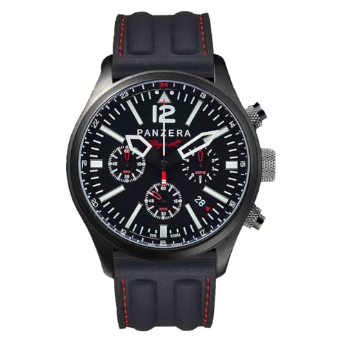 Panzera Flieger 46 Chronograph Quarz Stahl IP Schwarz Silikon Pilot Rot Datum Herren Uhr, von Panzera