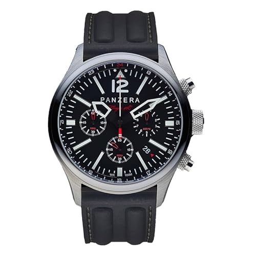 Panzera Flieger 46 Chronograph Automatik Stahl Schwarz Silikon Pilot Rot Datum Herren Uhr von Panzera