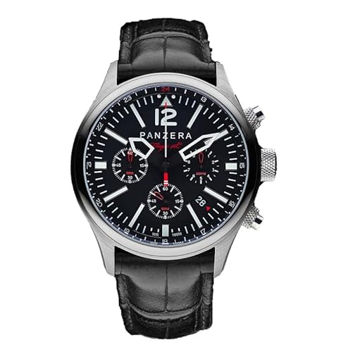 Panzera Flieger 46 Chronograph Quarz Stahl Schwarz Leder Pilot Datum Herren Uhr von Panzera
