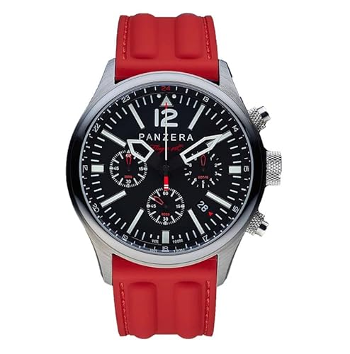 Panzera Flieger 46 Chronograph Steel Red Automatik Stahl Schwarz Silikon Pilot Rot Datum Herren Uhr, von Panzera