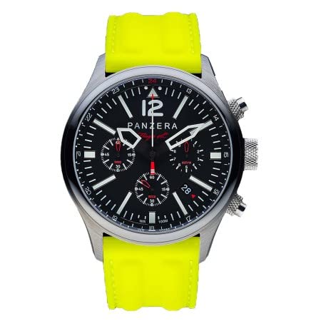 Panzera Flieger 46 Chronograph Steel Yellow Automatik Stahl Schwarz Silikon Gelb Pilot Rot Datum Herren Uhr von Panzera