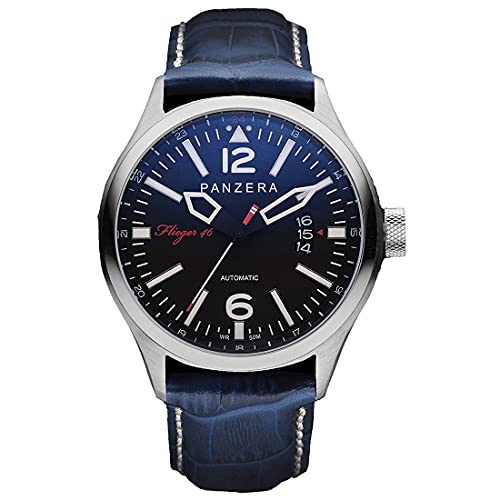 Panzera Flieger 46 Hornet Command Automatik Stahl Schwarz Leder Blau Datum Herren Uhr von Panzera