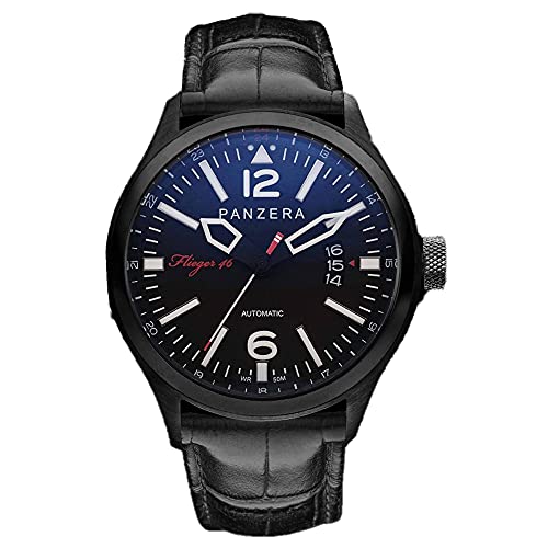 Panzera Flieger 46 Phantom Spirit Automatik Stahl Schwarz IP Leder Datum Herren Uhr von Panzera