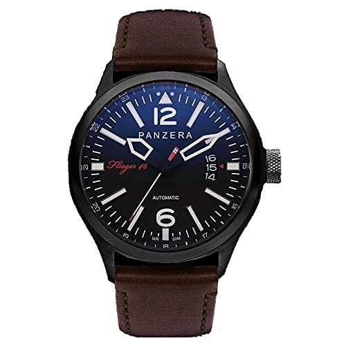 Panzera Flieger 46 Phantom Vintage Automatik Stahl Schwarz IP Leder Datum Braun Herren Uhr von Panzera