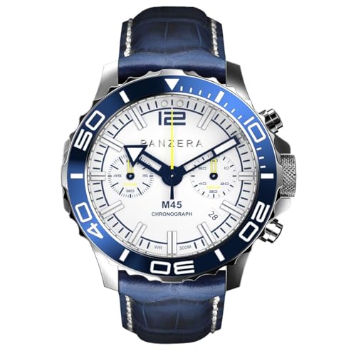 Panzera MECHA 45C Chronograph Quarz Stahl Datum Leder Weiß Blau Saphir Herrenuhr von Panzera