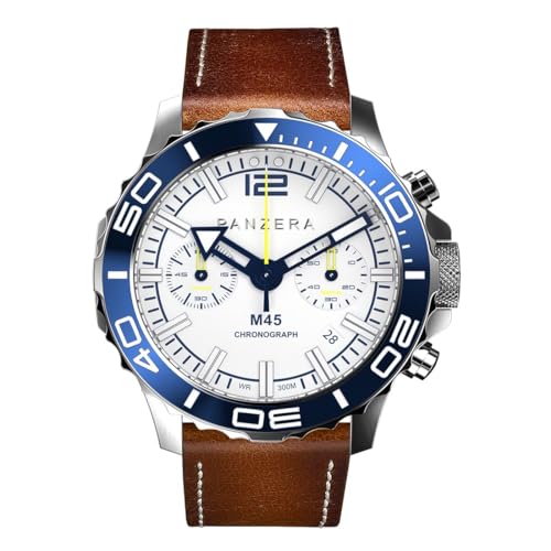 Panzera MECHA 45C Chronograph Quarz Stahl Datum Weiß Leder Blau Braun Saphir Herrenuhr von Panzera