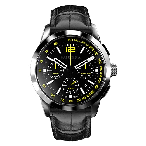 Panzera Time Master 45 Chrono Quarz Stahl Schwarz Gelb Leder Saphir Uhr Herren von Panzera