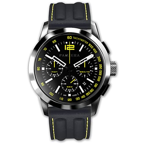 Panzera Time Master 45 Chrono Quarz Stahl Schwarz Gelb Silikon Saphir Uhr Herren von Panzera