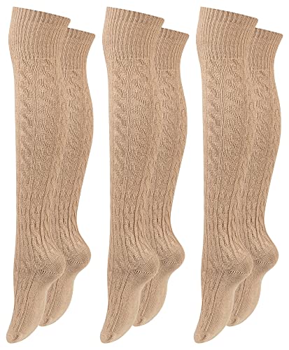 Paolo Renzo Damen Overknee mit Zopfmuster & Anti-Rutsch-Bund 3 Paar - Stiefel Kniestrümpfe mit Umschlag - Overknee Strümpfe - Größe 36/41 - Beige von Paolo Renzo